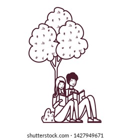 couple sitting with book in landscape with trees and plants