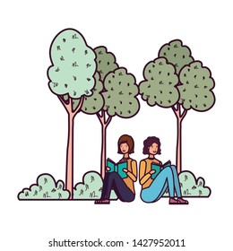 couple sitting with book in landscape with trees and plants