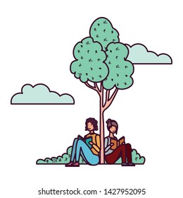 couple sitting with book in landscape with trees and plants