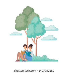 couple sitting with book in landscape with trees and plants