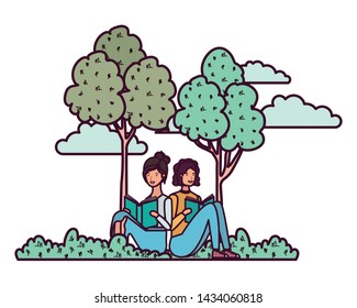 couple sitting with book in landscape with trees and plants