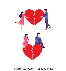 A couple sitting to a broken heart. Concept of separation, divorce, working on relationships, overcoming problems in love. Vector  illustration can for presentation, banner, website