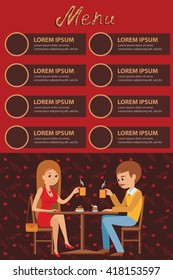 Couple sitting in the cafe at date, drinking coffee. Template for menu vector illustration with lettering and places for inscription.