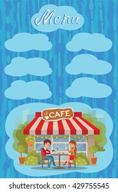 Couple sitting in the cafe at date, drinking coffee and tea. Vector illustration with lettering and places for inscription menu.