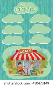 Couple sitting in the cafe at date, drinking coffee and tea. Vector illustration with lettering and places for inscription menu.