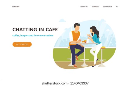 Couple sitting in the cafe, flirting and chatting together. Flat concept vector website template and landing page design of students talking about something in cozy place