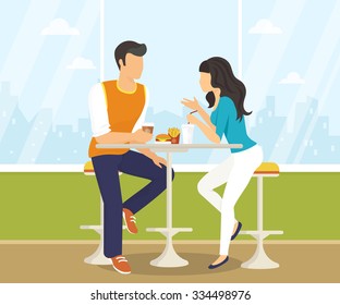 Couple sitting in the cafe, flirting and talking about something. Flat modern illustration of students using laptop