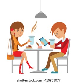 Couple sitting in the cafe, flirting and talking about something. Flat modern illustration of students using laptop. Vector drawing of template for menu, brochure. restaurant.