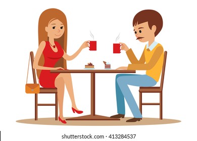 Couple sitting in the cafe, flirting and talking about something. Boy and girl on date. Vector illustration isolated on white background of template for menu, brochure.