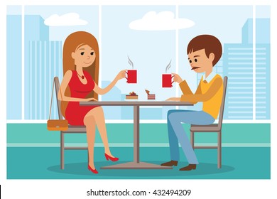 Couple sitting in the cafe, flirting and talking about something. Boy and a girl on a date in a cafe drinking coffee. Vector illustration of template for menu, brochure, flyers.