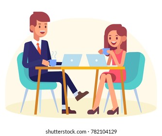 Couple sitting in cafe with laptop. Coffee break together. Flat style, vector illustration.