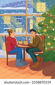 couple sitting in a cafe overlooking the winter city