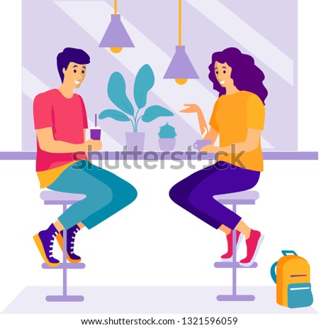 Couple sitting at cafe table. Boyfriend and girlfriend drinking coffee and talking. Young man and woman chatting amicably. Colorful modern vector illustration in flat cartoon style.