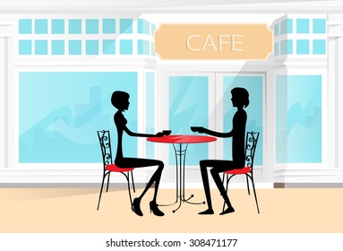 Couple Sitting Cafe Table Drink Coffee Romantic Love Silhouettes Dating Vector Illustration