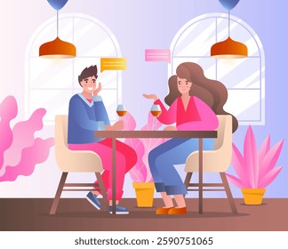 A couple sitting at a cafe table with drinks, flat style, on a colorful background. Concept of dating. Vector illustration