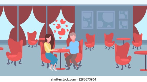 couple sitting cafe table happy valentines day concept man woman modern restaurant interior banqueting luxury hall male female characters full length flat horizontal