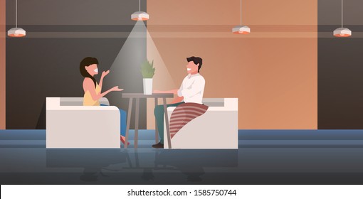 couple sitting at cafe table happy man woman discussing during meeting romantic date concept modern restaurant interior horizontal full length vector illustration