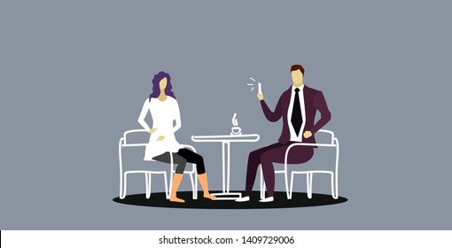 couple sitting at cafe table man photographing woman on smartphone mobile camera businesspeople having fun during coffee break sketch doodle horizontal