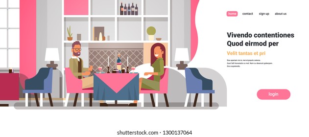 couple sitting cafe table romantic dinner happy valentines day celebration concept young man woman love dating modern restaurant interior horizontal copy space flat