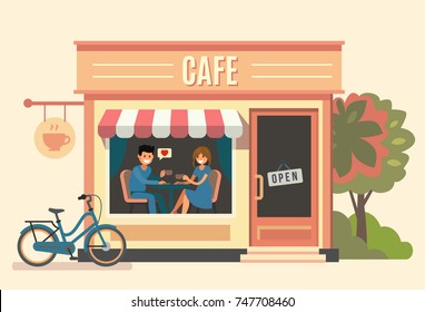 Pareja sentada en el café. Vector plano