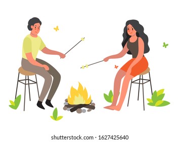 Couple sitting at the campfire. Adventure on the nature, summer activity. Relaxation outdoor. Friends cooking food on a fire. Vector illustration in cartoon style