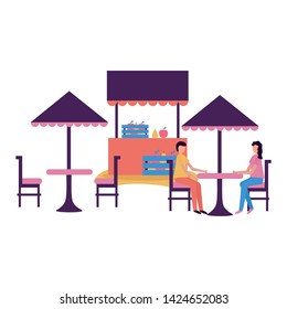 couple sitting chairs table umbrella store activity outdoors vector illustration