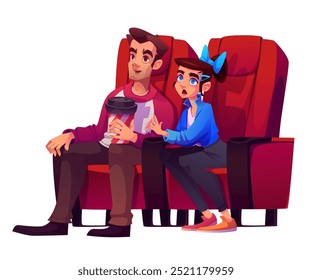 Couple sitting in cinema red armchairs and watching film. Cartoon vector illustration of young woman and man with soda in hand on movie theatre hall chairs. Cinematography entertainment viewers.