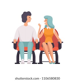 Couple sitting in cinema theater and talking vector Illustration on a white background