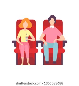 Couple Sitting in Cinema Theatre and Watching Movie, Young Man and Woman Looking at Projection Screen in Cinema Hall, Front View Vector Illustration