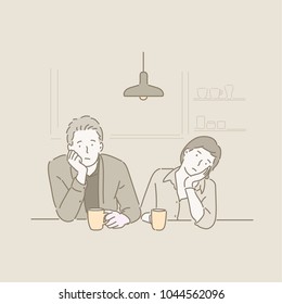 Couple sitting at a coffee shop and bored. hand drawn style vector doodle design illustrations.