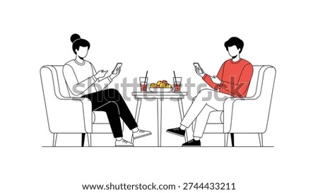 Couple sitting in comfortable armchairs and looking at their smartphones while ignoring each other during a meal at a cafe table.