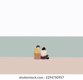 Couple sitting comforts his sad girlfriend having a problem on the riverbank. Concepts of autumn, love, togetherness, relationship.