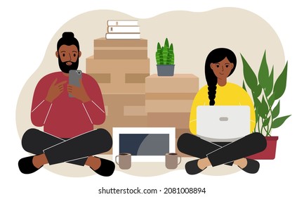Couple sitting cross-legged with mobile phone and laptop, ordering delivery. Lots of things in cardboard boxes. The family is preparing to move to another house. Vector flat illustration.