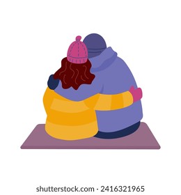 A couple sitting cuddled together in warm clothes. Back view. Vector isolated color illustration in flat style.