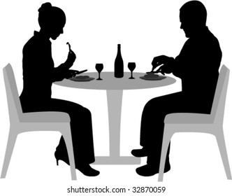 couple sitting and dining silhouettes - vector