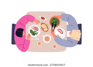 Casal sentado à mesa de jantar. Homem e mulher comendo comida caseira, pratos e lanches juntos de cima, vista de cima. Pessoas compartilhando refeições. Ilustração de vetor plano isolada no plano de fundo branco