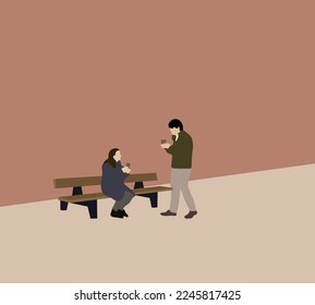 Couple sitting and drinking coffee on the bench in city park. Relationship and communication concept.. Holiday vacation dating.