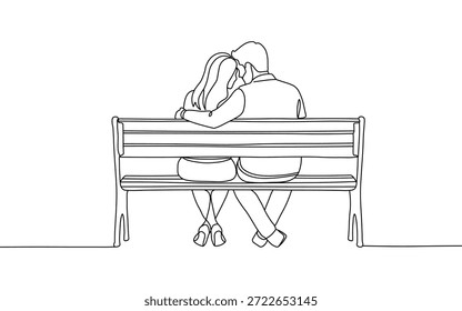 Casal sentado abraçando uma ilustração de desenho de linha de banco de parque por trás do vetor de arte minimalista
