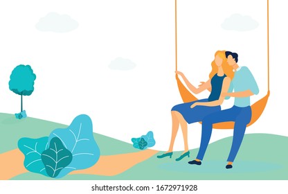 Couple Sitting in Hammock Flat Vector Illustration. Happy Hugging Man and Woman Cartoon Characters. Young Girlfriend and Boyfriend in Love. Married Pair on Romantic Outdoor Date, Honeymoon