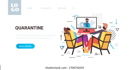 couple sitting at home on self-isolation man woman in masks watching tv on coronavirus quarantine protection healthcare concept copy space horizontal vector illustration