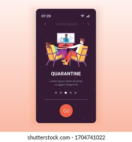 couple sitting at home on self-isolation man woman in masks watching tv on coronavirus quarantine protection healthcare concept smartphone screen mobile app copy space vector illustration