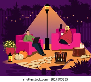 Couple Sitting In The Illuminated Backyard Under A Patio Heater At Night In Fall, Seasonal Decorations Around, EPS 8 Vector Illustration