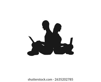 Ein Paar sitzt mit Laptops. Silhouette von ein paar arbeiten an Laptops zusammen. Vektor einzeln auf weißem Hintergrund.