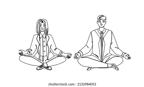 Couple Sitting In Lotus Yoga Pose Together Black Line Pencil Drawing Vector. Young Man And Woman Enjoying In Lotus Yoga Pose, Training Exercise. Characters Recreation And Relaxation Illustration