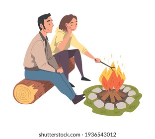 Couple Sitting Near Campfire, Tourist People Hiking, Camping and Relaxing, Summer Adventures Cartoon Style Vector Illustration