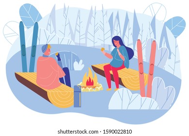 Couple Sitting near Campfire in Winter Day Flat Cartoon Vector Illustration. Man and Woman Sitting on Logs in Warm Clothes under Blankets in Mountains. Snowy Nature. Skiing Resort.