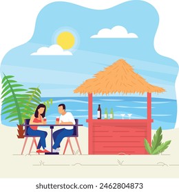 Couple Sitting near Chiringuito and Enjoying drinks concept, Young people talking at beach bar vector colorful design, Nature landscape postcard Scenic Summer Season Vibes, Idyllic Remote illustration