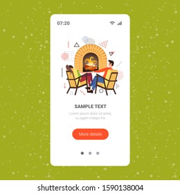 couple sitting near fireplace xmas new year holidays celebration concept man woman holding hands relaxing in christmas evening smartphone screen online mobile app rear view vector illustration