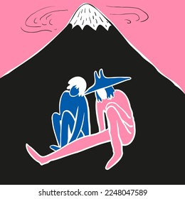 couple sitting near the mountain. engraving style friends in love and japanese landscape