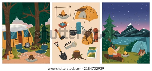 Couple sitting next to camp tent and watching
starry night.  Summer camp vacation vector posters set. Mountain
and forest landscape with tents. Camping equipment. Adventure,
nature, campfire